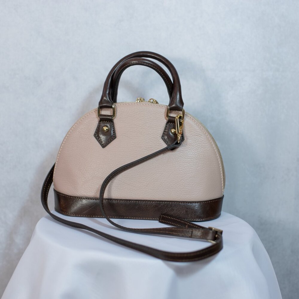 Divina‎ Firenze Leather Convertible Dome Crossbody Bag Made in Italy Beige Brown